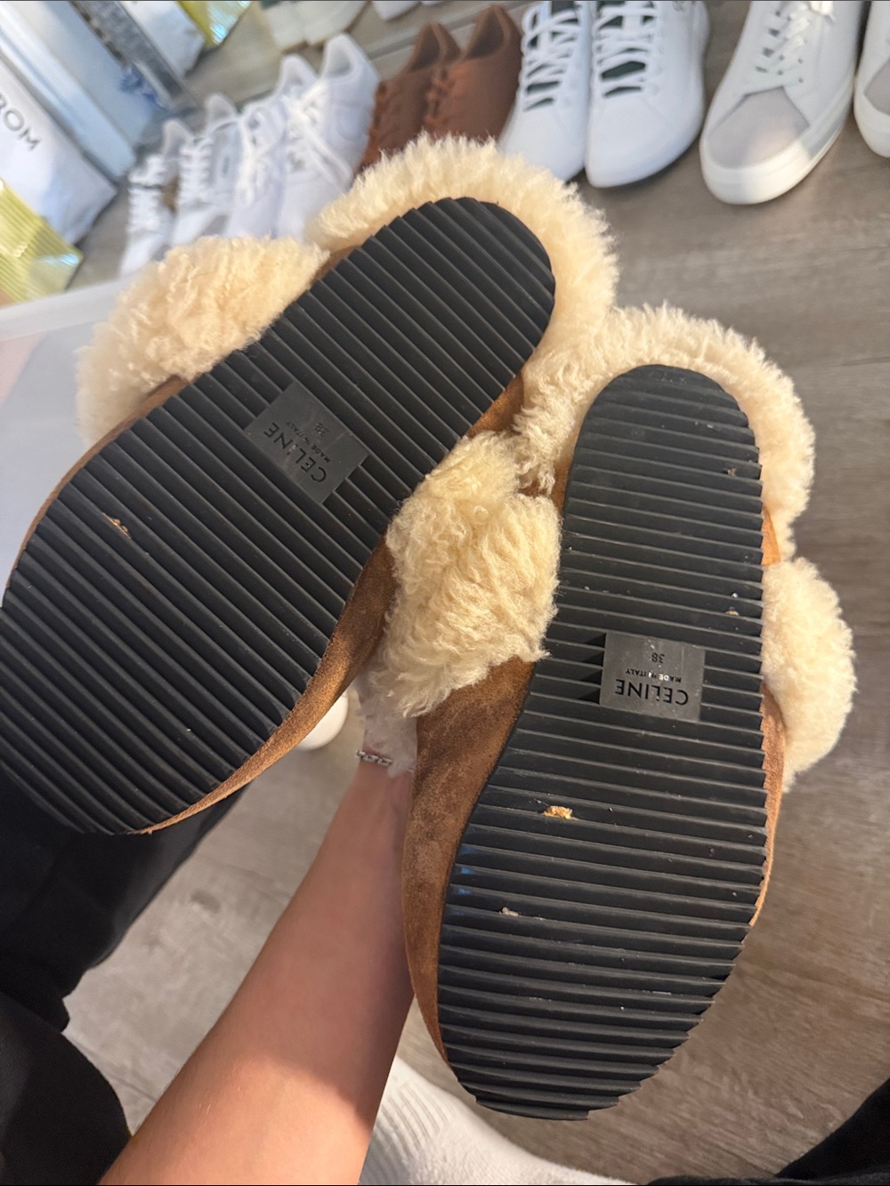 Kids Shearling-Lined Faux Suede Slippers with Gold Bit - Cream & Brown - Picture 2 of 2